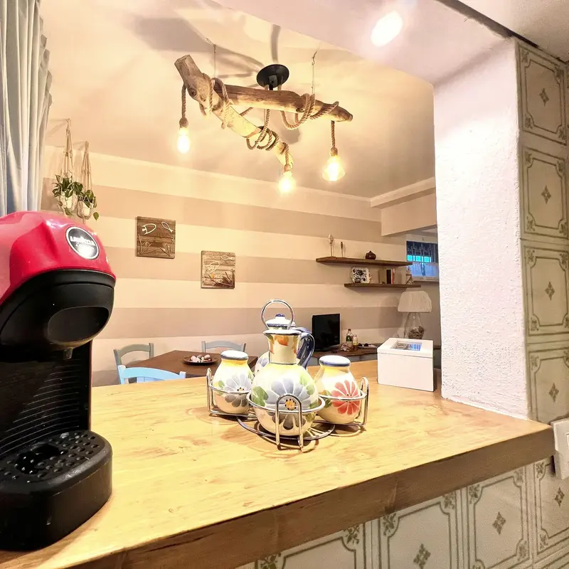 Passavivande con piastrelle decorate d'epoca fra cucina e soggiorno